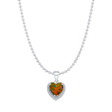 Lab Created Black Opal & Halo CZ Heart Pendant Bead Chain Necklace 925 Sterling Silver