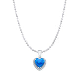 Lab Created Blue Opal & Halo CZ Heart Pendant Bead Chain Necklace 925 Sterling Silver