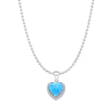 Lab Created Light Blue Opal & Halo CZ Heart Pendant Bead Chain Necklace 925 Sterling Silver