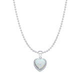 Lab Created White Opal & Halo CZ Heart Pendant Bead Chain Necklace 925 Sterling Silver