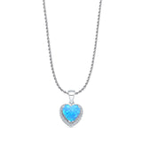 Lab Created Light Blue Opal & Halo CZ Heart Pendant Rope Chain Necklace 925 Sterling Silver