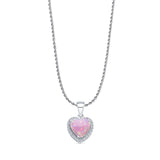 Lab Created Pink Opal & Halo CZ Heart Pendant Rope Chain Necklace 925 Sterling Silver