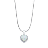Lab Created White Opal & Halo CZ Heart Pendant Rope Chain Necklace 925 Sterling Silver
