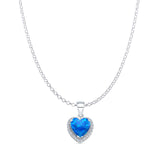 Lab Created Blue Opal & Halo CZ Heart Pendant Rolo Chain Necklace 925 Sterling Silver