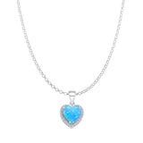 Lab Created Light Blue Opal & Halo CZ Heart Pendant Rolo Chain Necklace 925 Sterling Silver