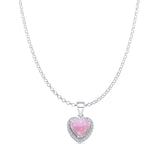 Lab Created Pink Opal & Halo CZ Heart Pendant Rolo Chain Necklace 925 Sterling Silver