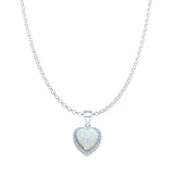 Lab Created White Opal & Halo CZ Heart Pendant Rolo Chain Necklace 925 Sterling Silver