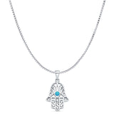 Lab Created Blue Opal Hand Of Hamsa Pendant Box Chain Necklace 925 Sterling Silver