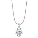 Lab Created Blue Opal Hand Of Hamsa Pendant Rope Chain Necklace 925 Sterling Silver