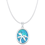 Lab Created Blue Opal Oval Palm Tree Pendant Rolo Chain Necklace 925 Sterling Silver