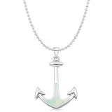 Lab Created White Opal Anchor Pendant Bead Chain Necklace 925 Sterling Silver