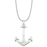 Lab Created White Opal Anchor Pendant Rope Chain Necklace 925 Sterling Silver