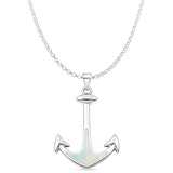Lab Created White Opal Anchor Pendant Rolo Chain Necklace 925 Sterling Silver