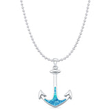 Lab Created Blue Opal Anchor Pendant Bead Chain Necklace 925 Sterling Silver
