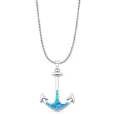 Lab Created Blue Opal Anchor Pendant Rope Chain Necklace 925 Sterling Silver