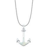 Lab Created White Opal Anchor Pendant Rope Chain Necklace 925 Sterling Silver