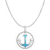 Lab Created Blue Opal Rope Anchor Pendant Box Chain Necklace 925 Sterling Silver