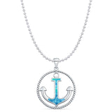 Lab Created Blue Opal Rope Anchor Pendant Bead Chain Necklace 925 Sterling Silver