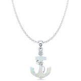 Lab Created White Opal & CZ Anchor Pendant Rolo Chain Necklace 925 Sterling Silver
