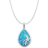 Pear Teardrop Lab Created Blue Opal Starfish Pendant Bead Chain Necklace 925 Sterling Silver