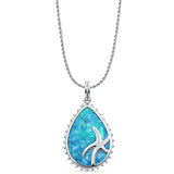 Pear Teardrop Lab Created Blue Opal Starfish Pendant Rope Chain Necklace 925 Sterling Silver
