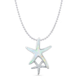 Lab Created White Opal Starfish Pendant Bead Chain Necklace 925 Sterling Silver