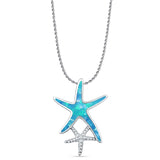 Lab Created Blue Opal Starfish Pendant Rope Chain Necklace 925 Sterling Silver