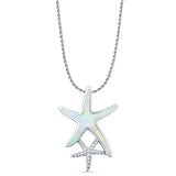 Lab Created White Opal Starfish Pendant Rope Chain Necklace 925 Sterling Silver