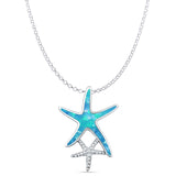 Lab Created Blue Opal Starfish Pendant Rolo Chain Necklace 925 Sterling Silver