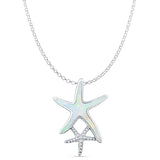 Lab Created White Opal Starfish Pendant Rolo Chain Necklace 925 Sterling Silver