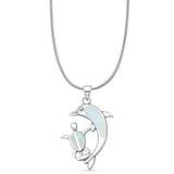 Lab Created White Opal Dolphin Turtle Pendant Snake Chain Necklace 925 Sterling Silver