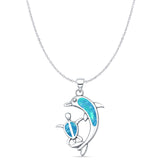 Lab Created Blue Opal Dolphin Turtle Pendant Cable Chain Necklace 925 Sterling Silver