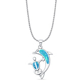 Lab Created Blue Opal Dolphin Turtle Pendant Rope Chain Necklace 925 Sterling Silver