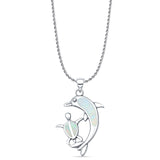 Lab Created White Opal Dolphin Turtle Pendant Rope Chain Necklace 925 Sterling Silver
