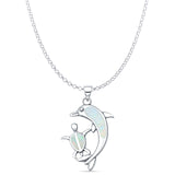 Lab Created White Opal Dolphin Turtle Pendant Rolo Chain Necklace 925 Sterling Silver