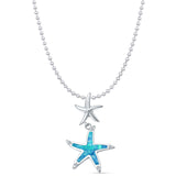 Lab Created Blue Opal & CZ Starfish Pendant Bead Chain Necklace 925 Sterling Silver