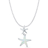 Lab Created White Opal & CZ Starfish Pendant Bead Chain Necklace 925 Sterling Silver