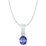 Lab Created White Opal & Oval Tanzanite CZ Pendant Bead Chain Necklace 925 Sterling Silver