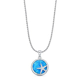 Lab Created Blue Opal Starfish Pendant Rope Chain Necklace 925 Sterling Silver