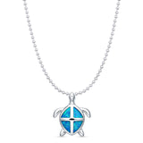 Lab Created Blue Opal Sea Turtle Pendant Bead Chain Necklace 925 Sterling Silver