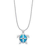 Lab Created Blue Opal Sea Turtle Pendant Rope Chain Necklace 925 Sterling Silver