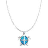 Lab Created Blue Opal Sea Turtle Pendant Rolo Chain Necklace 925 Sterling Silver