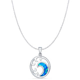 Lab Created Blue Opal Ocean Wave Pendant Cable Chain Necklace 925 Sterling Silver