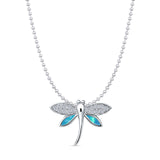 Lab Created Blue Opal & CZ Dragonfly Pendant Bead Chain Necklace 925 Sterling Silver