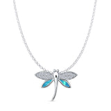 Lab Created Blue Opal & CZ Dragonfly Pendant Rolo Chain Necklace 925 Sterling Silver