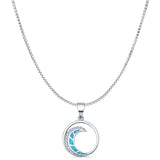 Lab Created Blue Opal & CZ Ocean Wave Pendant Box Chain Necklace 925 Sterling Silver