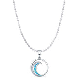 Lab Created Blue Opal & CZ Ocean Wave Pendant Bead Chain Necklace 925 Sterling Silver