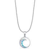 Lab Created Blue Opal & CZ Ocean Wave Pendant Rope Chain Necklace 925 Sterling Silver