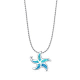 Lab Created Blue Opal Starfish Pendant Rope Chain Necklace 925 Sterling Silver