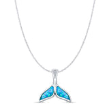 Lab Created Blue Opal & CZ Whale Tail Pendant Cable Chain Necklace 925 Sterling Silver